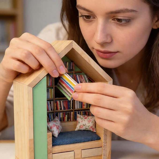 Anxiety Bookshelf with 300 Mini Books, Mini Wooden Bookshelf with Reading Nook, Desk Decor Anxiety Relief Bookshelf for Book Lovers(Green)