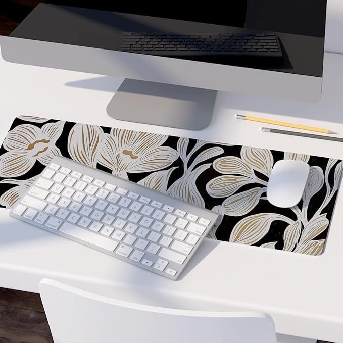 Black Beige Floral Mouse Pad,Vintage Botanical Desk Mat,Medieval Aesthetic Neutral Flower Large Mousepad for Home Office Dorm Desktop Decor,31.5x11.8 Inch