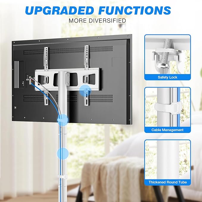 Rfiver Mobile TV Cart Rolling TV Stand for 23-65 Inch Screens, Portable TV Stand on Wheels with Tilt and Height Adjustable, Outdoor TV Mount Stand Holds up to 88 lbs for Home MAX VESA 400x400mm, White