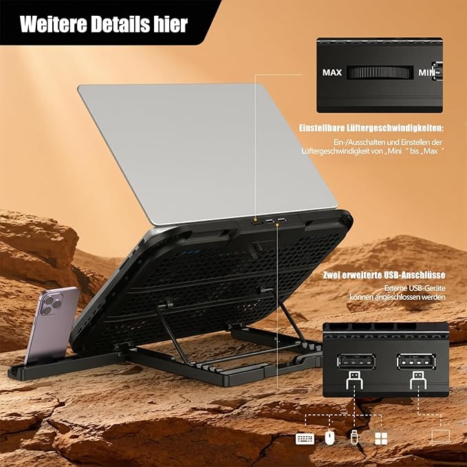 Laptop Cooling Pad with 3 Quiet Fans, 5-Level Height Adjustable Ergonomic Stand, 2 USB Ports & Phone Holder, Fits 12-17 Inch Laptops, Family-Friendly for Gaming/Work/Online Class,