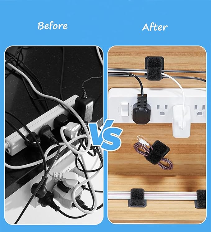 Under Desk Cable Management Set - 20 Pair Adjustable Hook and Loop Cable Ties with Adhesive Backing + 100 Pack 6 Inch Zip Ties, Complete Cord Organizer Kit for Home Office Desk Wire Management (Black)
