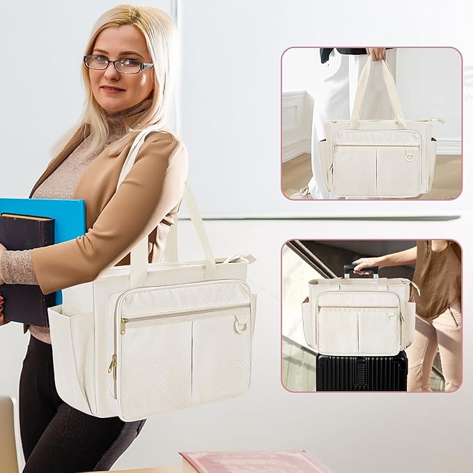 Teacher Tote Bag with Accordion File Organizer Pocket, Large Teacher Work Utility Bag for Women, Beige (Patent Design)