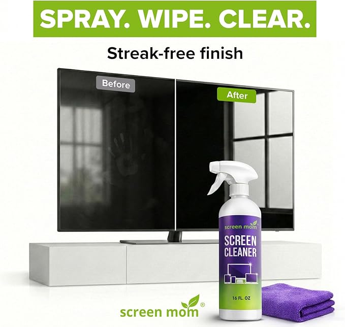 Screen Mom Screen Cleaner Spray and Microfiber Cloth 2-Pack (2x16oz) Screen Cleaner Spray and Wipe for TV, Computer, Phone, iPad, Car Screen Cleaning Kit Electronic Cleaner Spray