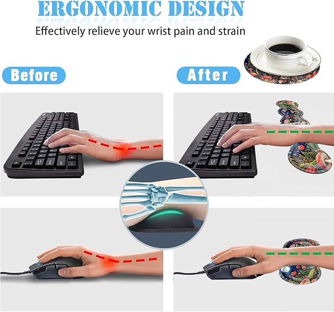 Ergonomic Mouse Pad Set with Wrist Support for Keyboard and Wrist Rest for Mouse, Memory Foam Comfort, Non-Slip Large Desk Mat for Home Office Pain Relief,Mushroom Skull Men Moon