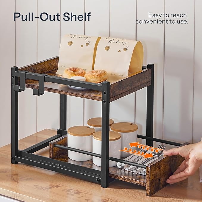 HOOBRO Kitchen Countertop Organizer, Corner Shelf Organizer, 2-Tier Spice Rack with Pull-Out Shelf and Hooks, for Kitchen, Office, Study, Bedroom, Living Room, Rustic Brown and Black BF08TL01