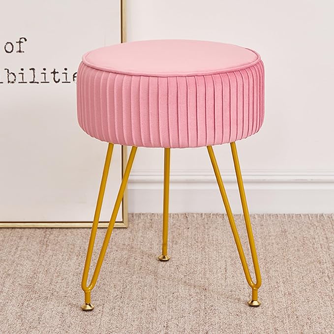 Velvet Vanity Stool, Modern Ottoman Foot Rest Stool with Adjustable Golden Legs, Makeup Chair for Vanity, Multifunctional Small Vanity Chair for Bedroom, Pink