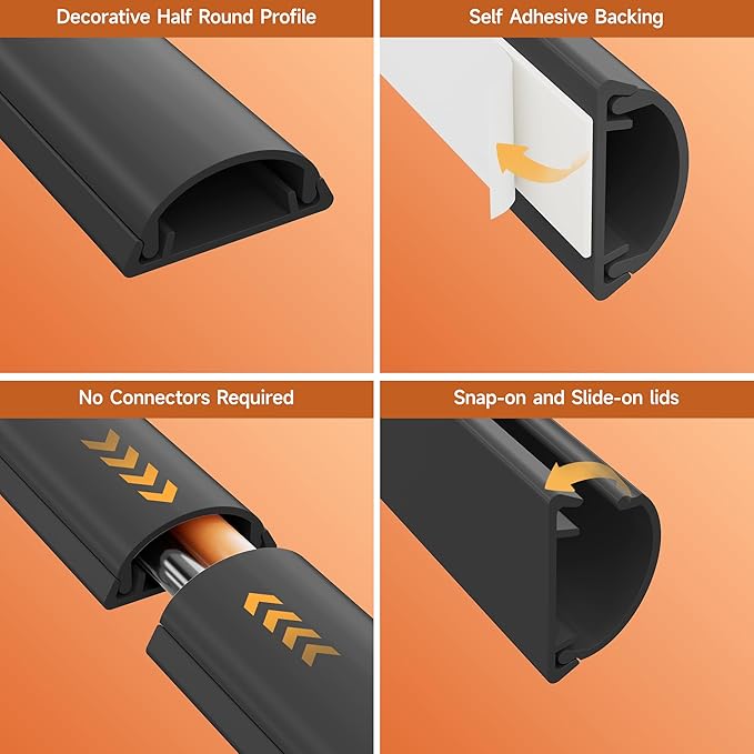 Delamu 85in Adhesive Cord Hider Wall, Mounted TV Cord Cover Kit, Multiple Cable Raceways for Wall Corner, Wire Cover Hiders for 1-2 Cables, 1.18" W X 0.43" H, Black