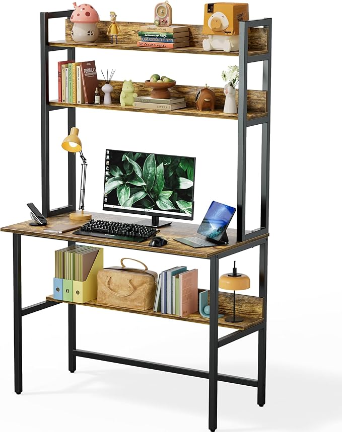 Aquzee Computer Desk with Hutch, 40“W x 19.6" D Desk with Shelves, Tall Home Office Desk with Bookshelf, Metal Legs Study Table with Upper Storage Shelf for Study Writing/Workstation, Brown