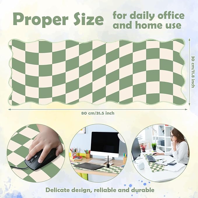 Copkim 1 Pcs Scalloped Green Checkered Desk Mat 31.5 x 11.8 Inch Large Cute Mouse Pad Computer Mat Non Slip Waterproof Rubber Base with Border Stitching Soft Keyboard Pad for Home Office Gaming Makeup