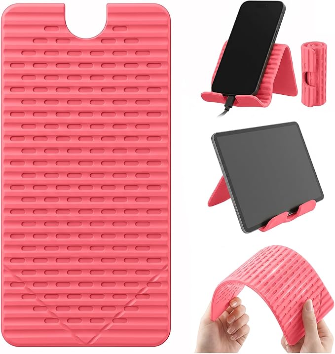 Flexible Silicone Aluminum Phone Holder Tablet Stand with Charging Port Design, Foldable Airplane Laptop/Phone Stand for Home Office Travel (Pink)
