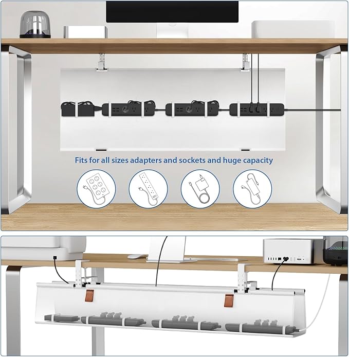 Zilink Large Cable Management Under Desk 40" No Drill Desk Cable Management Clamp/Screw Mount Fabric Cable Tray Sturdy Waterproof Cable Organizer for Office, Home, White