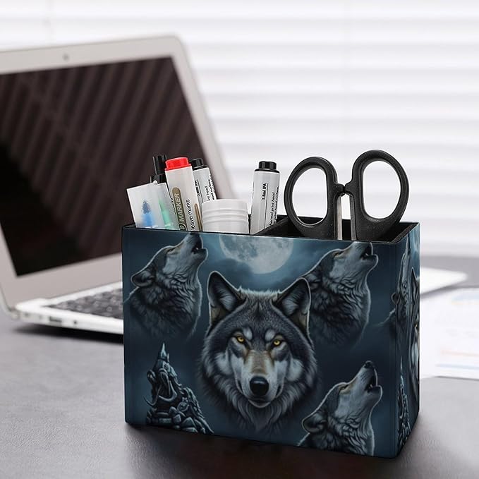 Rectangle Pen Holder Desk Organizer Full Moon Wolf, Efficient Stationery Storage Solution