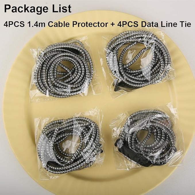 4pcs 1.6M(5.25FT) Spiral Cable Protector, Multicolor Suitable for Most Phone/Pad/Laptop USB Wire Cord Savers Protection Cover Anti-Break Wrap Charger Data Line Cables Sleeves, Laser Black