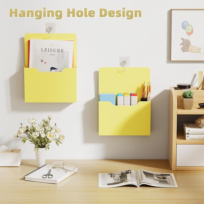 Magnetic File Holder - Magnetic Paper Holder, Pocket Organizer Office Supplies Storage Mail Organizer for Notebooks,Planners,Letter (Yellow）
