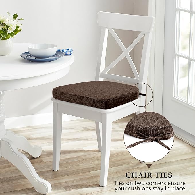 Wellsin Chair Cushions for Dining Chairs 6 Pack - Kitchen Chair Cushions with Ties and Non-Slip Backing - Dining Chair Pads 16"X16"X2", Brown