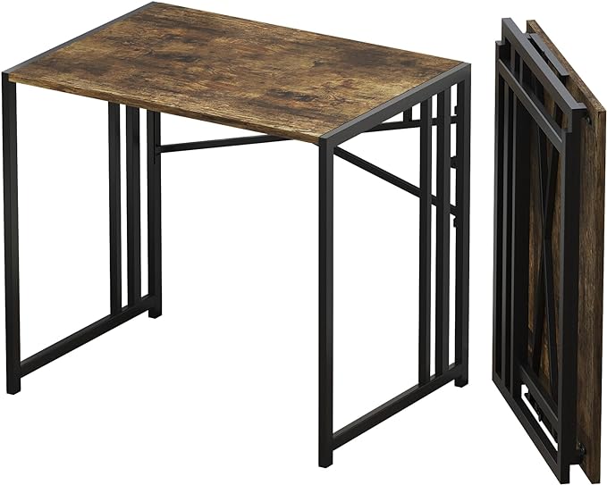 Lutown-Teen 32 inch Small Folding Computer Desk, Writing Gaming Computer Desk for Small Spaces, No Assembly Required Home Office Desk, Rustic Brown