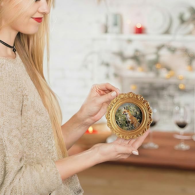 Vintage Fox Round Picture Frame Wall Decor, Rustic Farmhouse Gold Mini Ornate Photo Frame for TableTop Desk 2.7in Photo, Fall Framed Artwork for Walls Office Bedroom Cottage Shelf