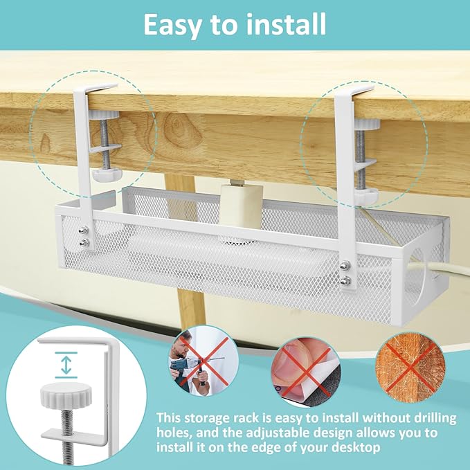 Under Desk Cable Tray, Easy to Install Cable Management Tray, No Drill Under Desk Wire Holder, Space Saving Cord Holder Shelf for Office Home Dormitory(White)