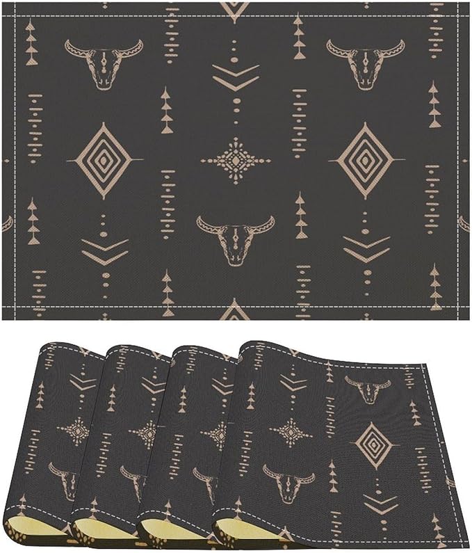 Western Cow Skull Placemats Vintage Western Boho Style Aztec Ethnic Minimalist Linen Washable Table Mats Stain Heat-Resistant Desktop Decor Place Mats for Home Kitchen Dining Party 12x18 in 6 Pcs