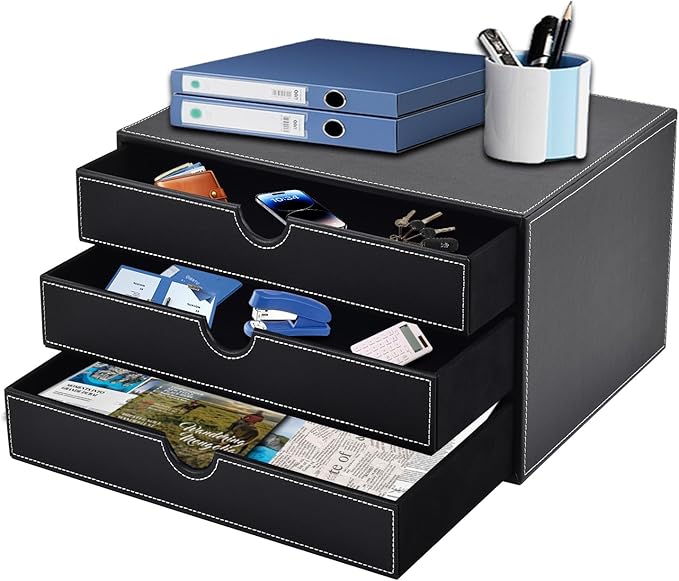 PU Leather Desk Organizer with 3 Drawers,Executive Office Supplies Desktop Filing A4 File Cabinet/Holder for Jewelry/Bill/Paper/Documents/Makeup Home Decor Stationery Storage Box,Black