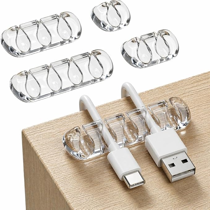 GLUIT Cord Organizer for Desk, Cable Holder for Nightstand, Charger Organizer, Adhesive Desktop Wire Clips, Multislot Cable Management, Table Organizer Accessories - 5 Pack, 15 Slots, Transparent