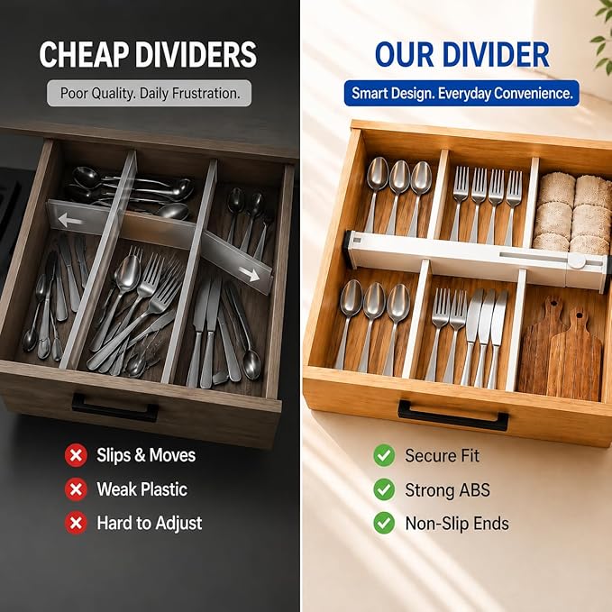 Adjustable Drawer Dividers – Expandable 14.7–21” Drawer Organizer with Non-Slip Ends, Easy Install for Kitchen, Dresser & Closet Storage (“White”)