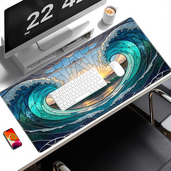 YKJWW Beach Sunset Desk Pad Cute Large Mouse Keyboard Desk Mat, Aesthetic Cute Gaming Desk Keyboard Mats for Desk Mat, Faux Stained Glass Sunset Mousepad Southwest Landscape Desk Pad 31.5x15.7 in