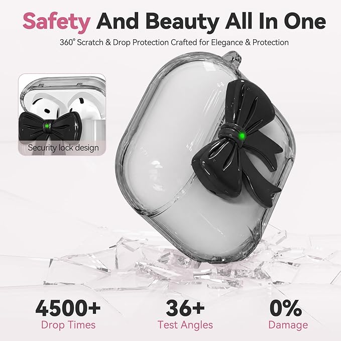 for Airpods 4 Case Pink 2024 with Safety Lock & Phone Stand, 3D Bow Clear iPod 4 Cases with Cute Keychain & Cleaning Kit, Soft TPU Cover for AirPods 4th Generation Case Girls Women (Black)