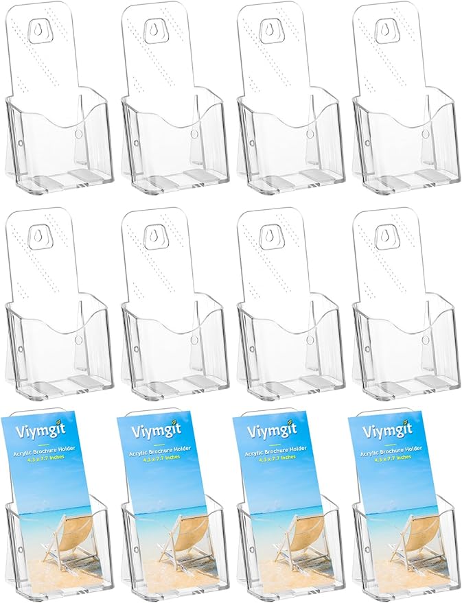 Viymgit Brochure Holder Stand, 12 Pack 4 inches Acrylic Pamphlet Display Stand Wall Mount/Countertop, Clear Plastic Trifold Rack Card Holder for Organizer Flyer, Leaflets, Document, Literature