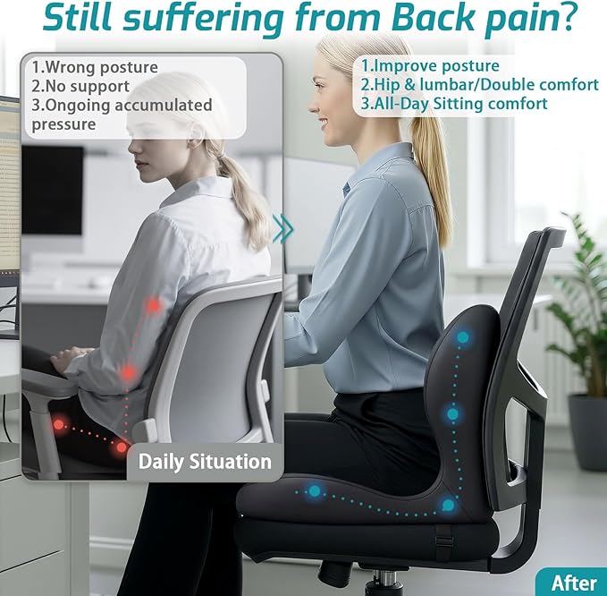 Memory Foam Seat Cushion,Office Chair Cushion with Lumbar Support for Back Pressure Relief, Car Seat Cushion with Adjustable Strap,Sciatica Pad Cushions for Car,Truck, Desk (D-Dark Grey)