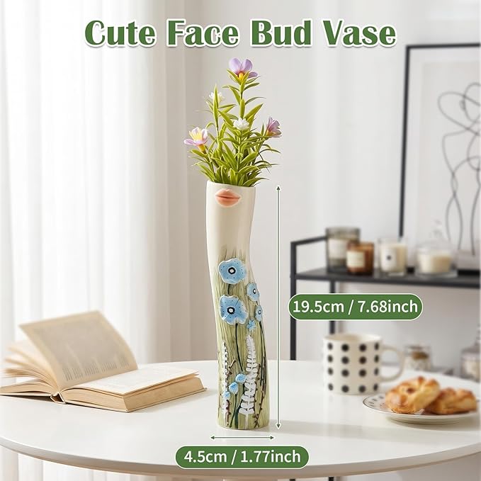 Cute Face Bud Vase, Hand Painted Resin Mini Vase, Boho Decorative Vase for Desk Shelf Living Room Decor, Unique Gift Idea for Women (Lips & Blue Blooms)