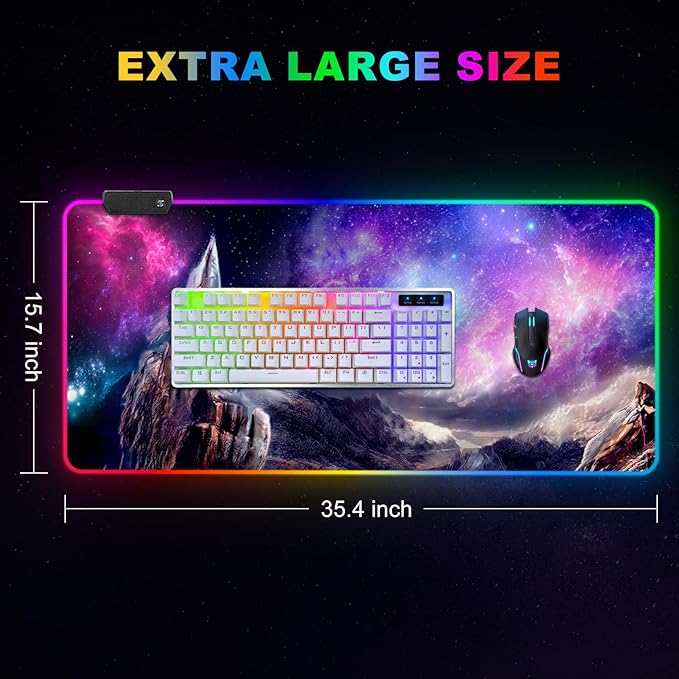 ARTSO RGB Gaming Mouse Pad, Large Extended Soft Led Mouse Pad with 14 Lighting Modes 2 Brightness, Water Resist Keyboard Pad, Computer Mousepads Mat 35.4x15.7inch, Starry Mountains