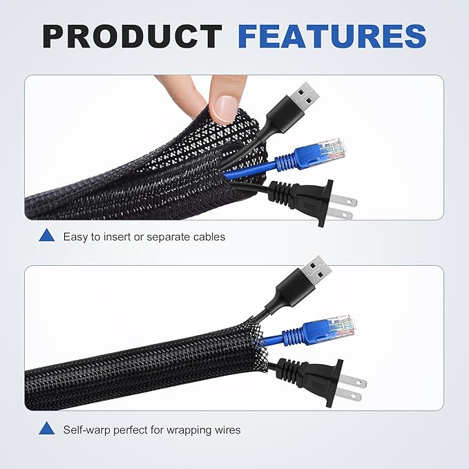 16ft - 1/2 inch Cable Management Sleeve Cord Protector, Split Wire Loom for USB TV Computer, Braided Wire Cover Hider Organizer Tubing Protect Cat Dog from Chewing, Black