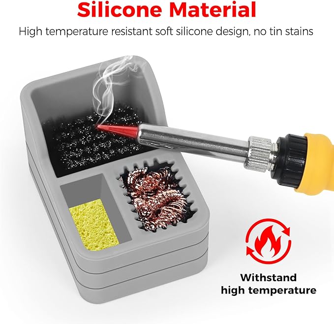 Soldering Iron Tip Cleaner Kit with Brass Wool, Sponge & Steel Brush in Gray Silicone Holder – Heat & Scratch Resistant Cleaning Tool for Soldering, Electronics Repair & DIY Projectst