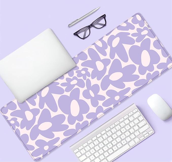 Large Mouse Pad, Aesthetic Cute Purple Flowers Computer Desktop Pad, Purple Computer Mats for Desk, Keyboard Laptop Mat, 31.5 x 11.8 inches