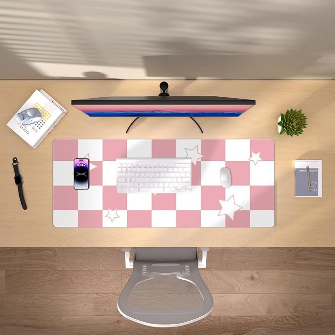Large Desk Mat 35.4" x 15.7", PU Leather Desk Blotter for Keyboard and Mouse, Non-Slip Office Desk Mat for Desk, Easy Clean Desk Protector Mat, Computer Keyboard Pad for Work Home (Pink, Star)