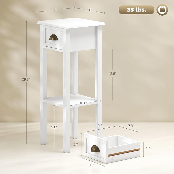 HOMCOM Narrow End Table with Drawer and Bottom Shelf, Slim Side Table for Small Spaces, Skinny Modern Accent Desk for Living Room, Set of 1, White
