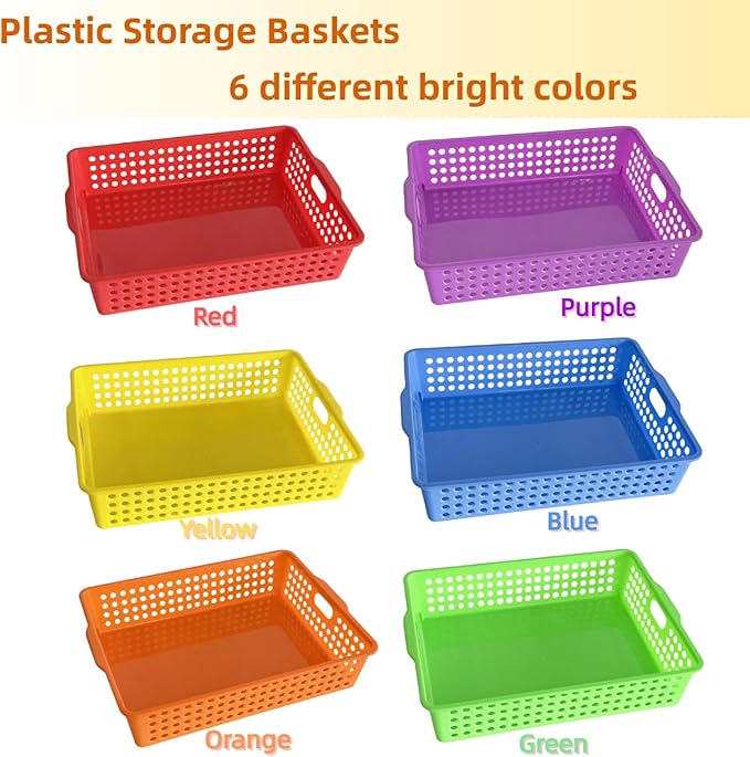 RAUVOLFIA 6 Pack Plastic Turn in Paper Trays for Classroom, Colorful Storage Bin Basket Organizers for School Supplies, Classroom Organization and Storage Tray Holds 4A Paper (Bright Color)