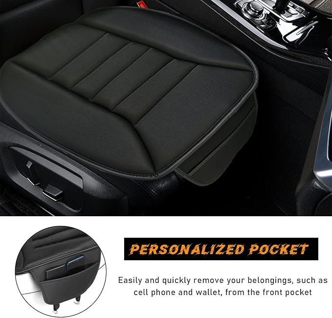 povtii Car Seat Cushion with Front Pocket, Non-Slip Bottom Cushion for Car Driver Office or Home Chair, Breathable Pressure Relief Seat Pad with Memory Foam, Car Accessories (Black)
