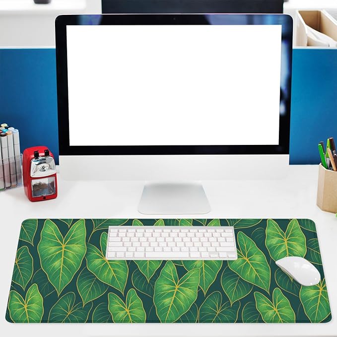 Botanical Leaves Desk Pad Mouse Pad Modern Tropical Green Large Gaming Mouse Mat with Stitched Edges,Non-Slip Waterproof Rubber Base Mous Mat 31.5"x11.8"