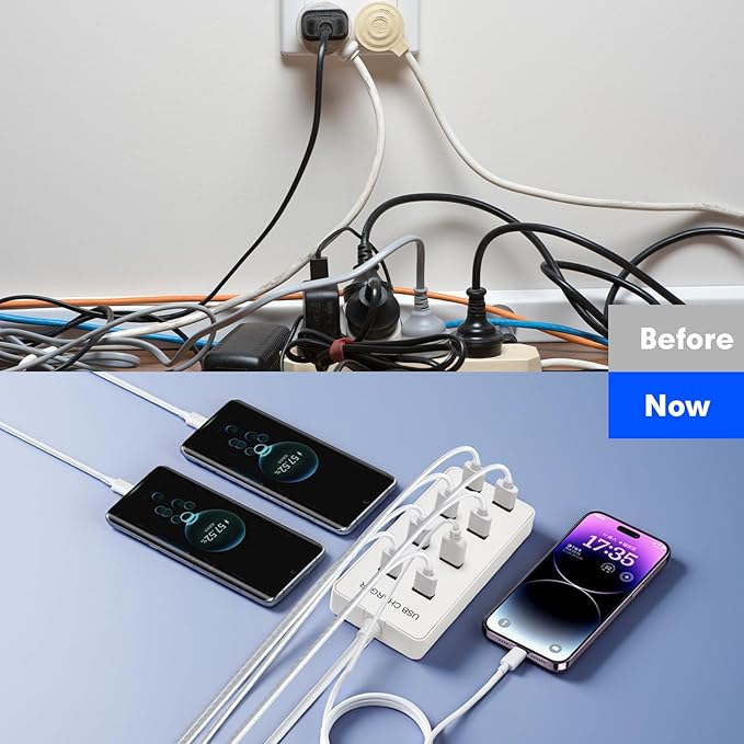 USB Wall Charger USB Charging Station for Multiple Devices 8-Ports Charging Hub Strip Smart Charger Block Compatible with iPhone, Galaxy, iPad Tablet, and Other Devices（White）