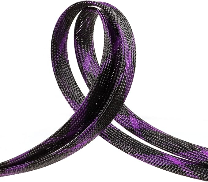 Braided Cable Sleeve, 33ft Expandable Wire Loom for Automotive Wiring Harness & PC Case, Pet-Proof Chew Resistant Cord Protector, Flexible Cable Management (Black-Purple, 10mm (3/8"))