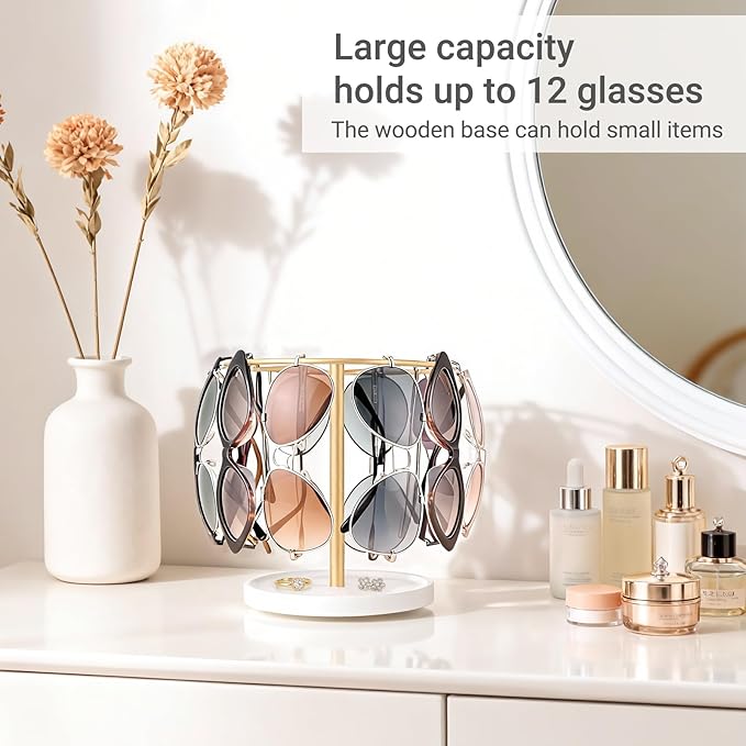 Mkono 360° Rotating Sunglasses Organizer Eyeglasses Holder Stand Metal Frame with Wood Base Tray Storage Display Rack for up to 12 Pairs of Eyewear for Table Dresser Desk Bedroom
