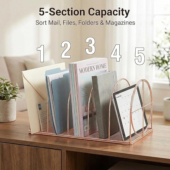 File Sorter Organizer, 5 Section Magazine Holder Rack, Desktop Round Wire Book Stand for Mail, Paper, Document, Folder, Record and Desk Accessories, Rose Gold