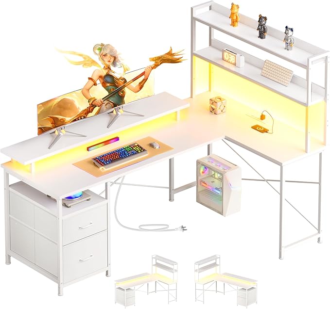 Maihail L Shaped Gaming Desk with Shelves,Reversible Computer Gaming Desk with LED Lights and Charging Station,Home Office Corner Desk with Monitor Stand,White