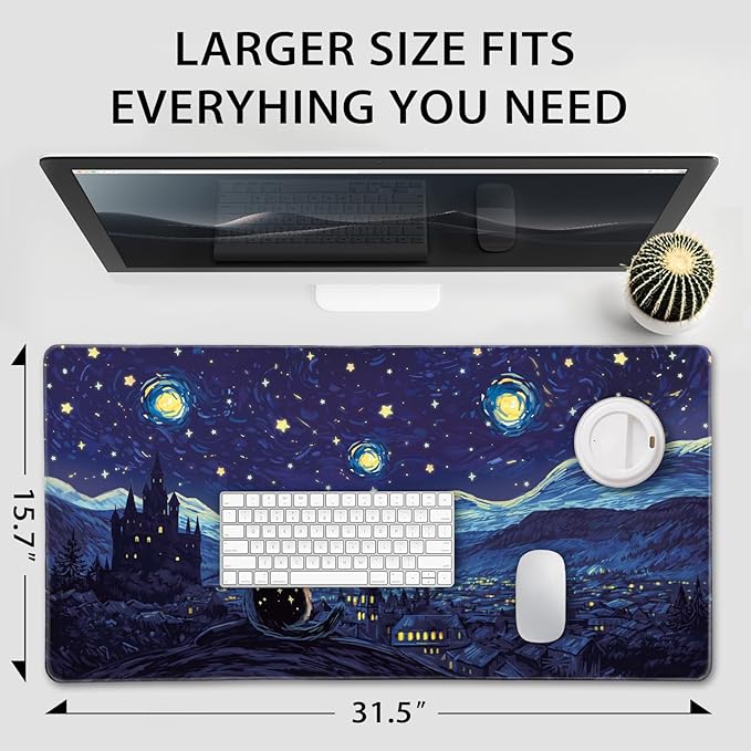 Starry Night Cat Large Mouse Pad, 31.5"x15.7" Desk Mat, Anti-Slip Rubber Base Keyboard Pad with Stitched Edges, Water-Resistant Smooth Desk Blotter, Computer Mat for Home Office Desk