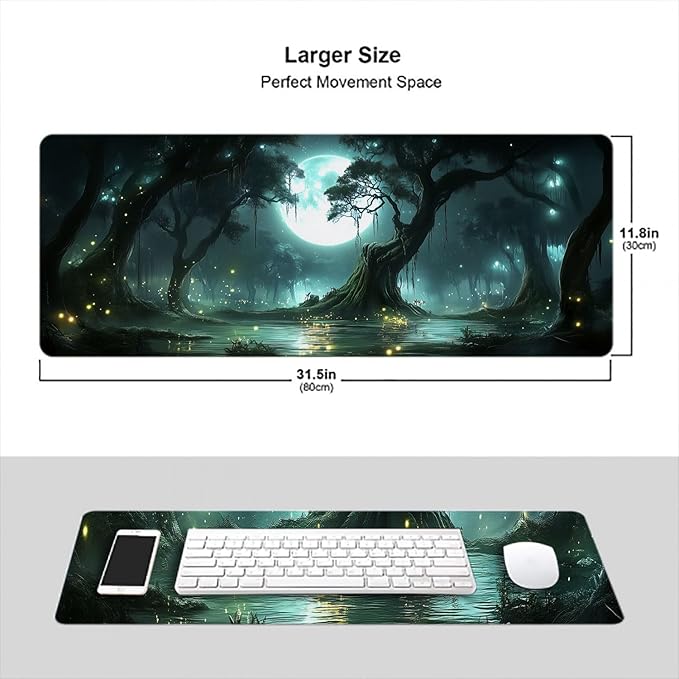 Enchanted Forest Gaming Mouse Pad Magic Moon Mysterious Fantasy Large Gaming Mouse Mat with Stitched Edges,Non-Slip Waterproof Rubber Base Mous Mat 31.5"x11.8" Office Computer Keyboard Laptop Home