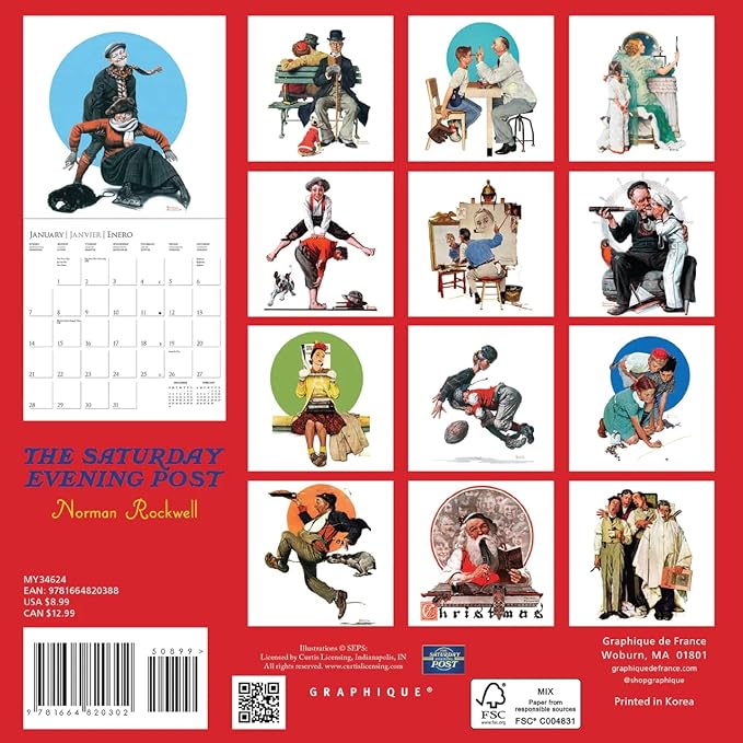 Graphique 2024 Saturday Evening Post Mini Wall Calendar | 7” x 7” | Thick Paper | Home & Office Organizer | Large Monthly Grid | 3 Languages & Marked Holidays | 4 Month Preview Page for 2025