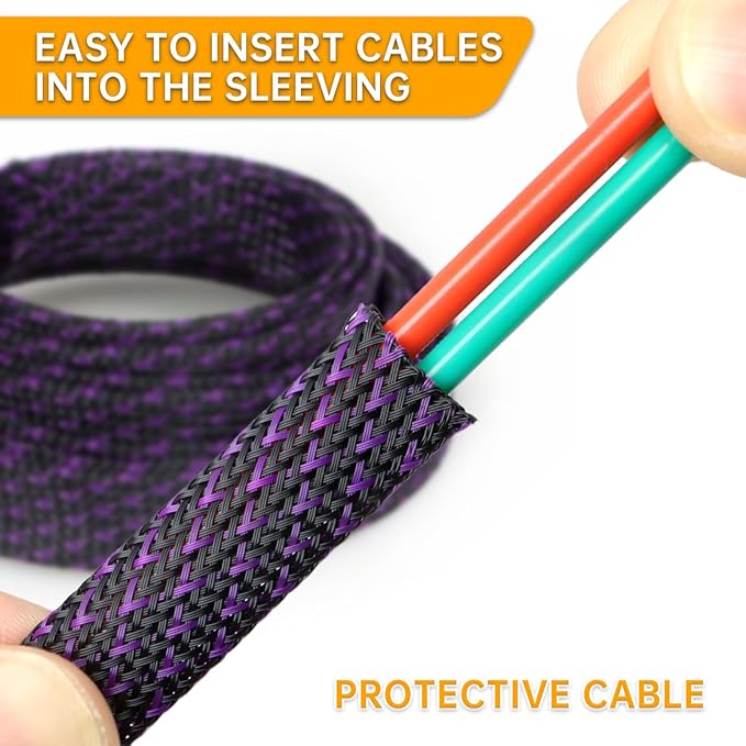 Braided Cable Sleeve, 33ft Expandable Wire Loom for Automotive Wiring Harness & PC Case, Pet-Proof Chew Resistant Cord Protector, Flexible Cable Management (Purple Black, 8mm (5/16"))