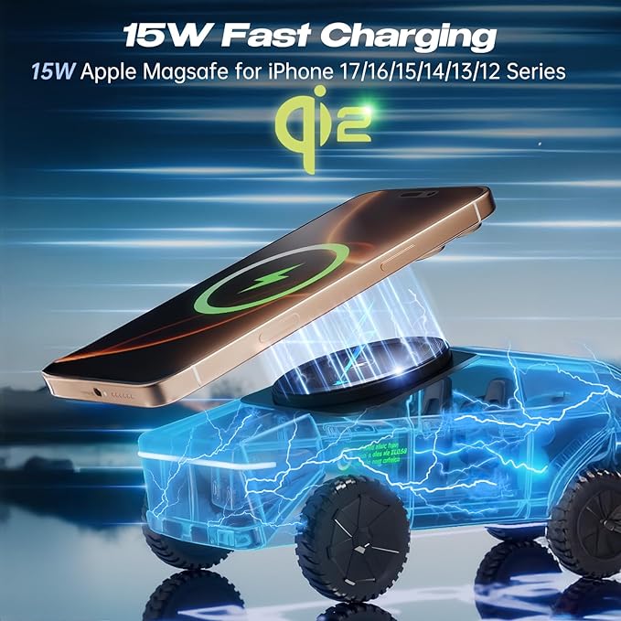 CyberDock 3-in-1 Wireless Charging Station, Cybertruck 1:25 Scale Charger with Qi2 Certified 15W Charging for iPhone iWatch AirPods, Magnetic Rotating Charger with Ambient Light, 30W Adapter, Sliver